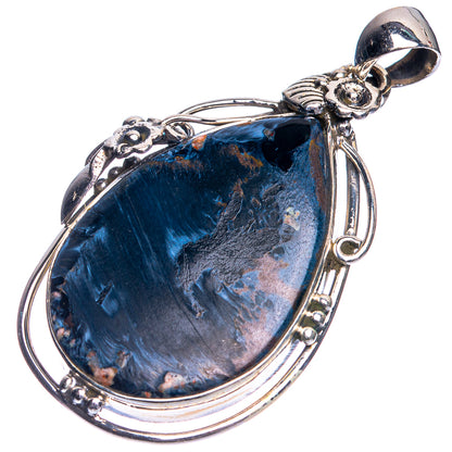 Sterling silver pietersite teardrop pendant, blue stone with bezel setting and side rings