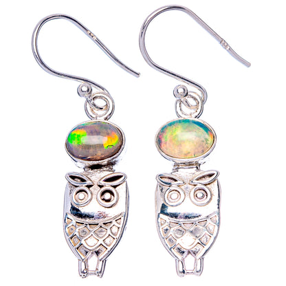 Rare Ethiopian Opal Owl Earrings 1 3/8" (925 Sterling Silver) E1523