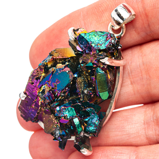 Iridescent druzy crystal pendant with silver-tone bezel and loop bail
