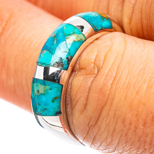 Turquoise inlay sterling silver ring close-up on finger, rectangular stone settings