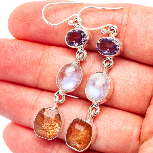 Sterling silver dangle earrings with purple amethyst top, moonstone center, orange sunstone drops