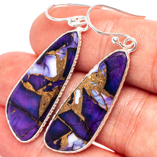 Teardrop purple turquoise inlay earrings with gold matrix and sterling silver hooks