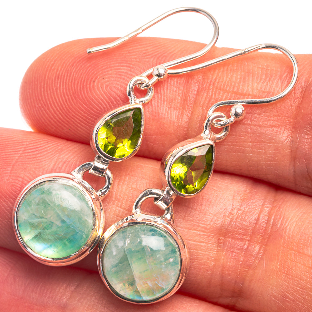 925 silver earrings: green teardrop gems with round opal moonstones, drop hooks