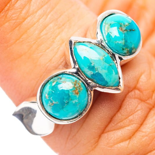 Turquoise stone silver ring with three round oval settings and split band, size 6