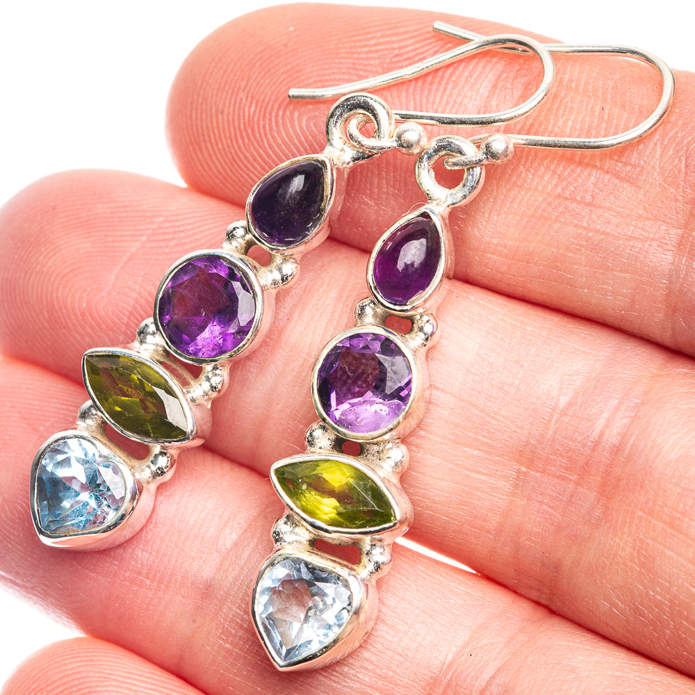 Blue Topaz, Peridot, Amethyst Earrings 1 3/4" (925 Sterling Silver) E432634