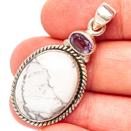 Sterling silver amethyst and howlite pendant, oval stones with textured rope bezel