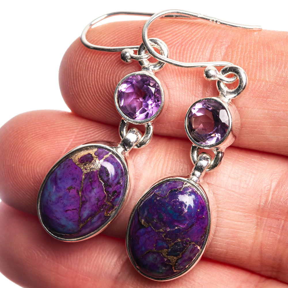 Sterling silver drop earrings with purple oval and round gemstones