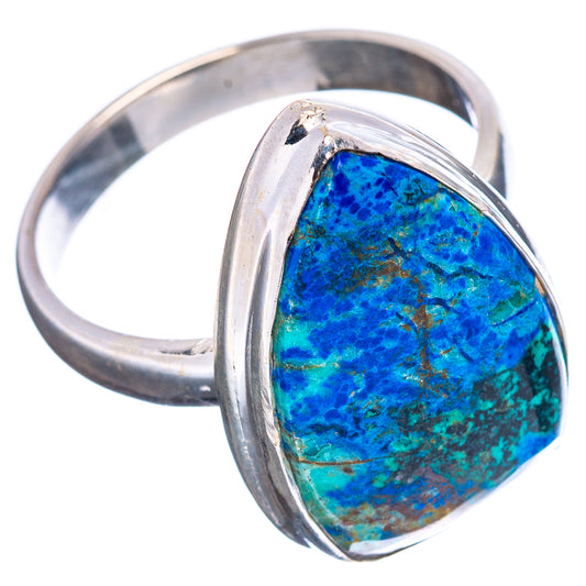 Oval azurite gemstone ring, blue and teal stone in silver bezel with wide band