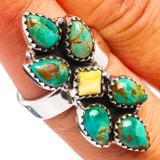 Adjustable sterling silver ring with oval turquoise stones and yellow center stone