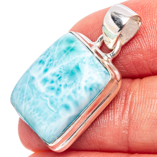 Larimar pendant with .925 sterling silver bezel, rectangular blue stone and hinged bail
