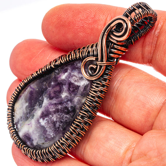 Purple lepidolite teardrop pendant, oxidized copper wire wrap with looping bail