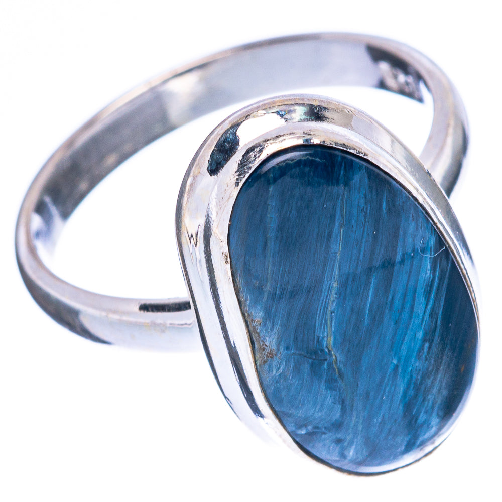 Sterling silver ring with oval blue pietersite cabochon and curved openwork shoulders