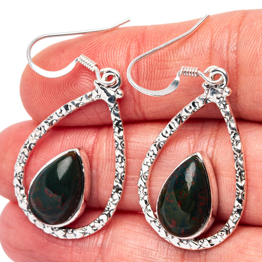 Sterling silver bloodstone teardrop earrings with dark green stone, textured frame