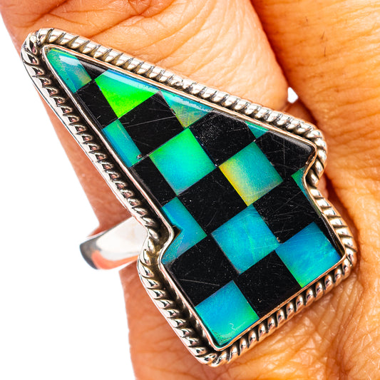 Sterling silver ring with black and turquoise checker lightning-bolt inlay, size 10