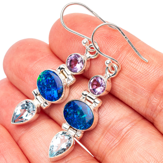 Rare Doublet Opal, Blue Topaz, Amethyst Earrings 1 3/4" (925 Sterling Silver) E1579
