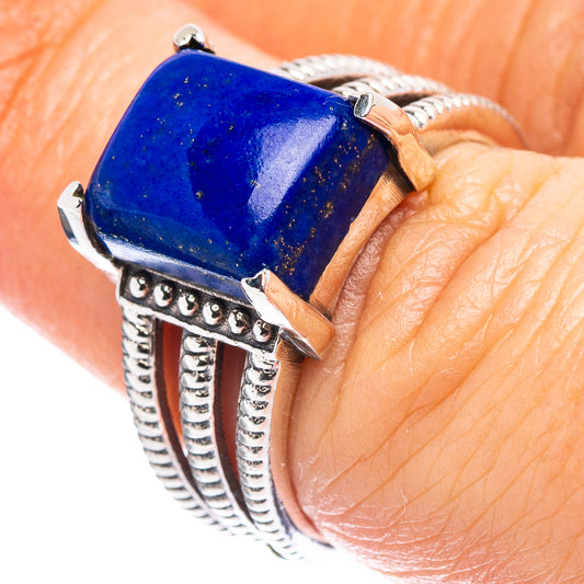 Sterling silver ring with blue lapis-style square gemstone and filigree prongs