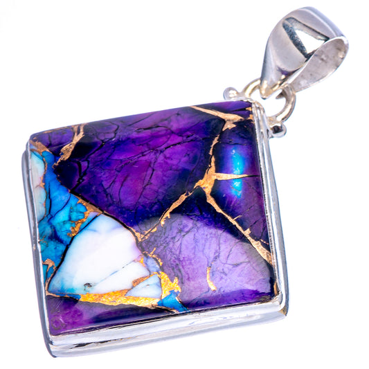 Rectangular turquoise pendant with purple-blue stone mosaic, .925 sterling silver bail