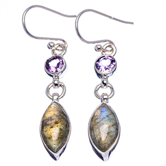 Sterling silver labradorite drop earrings with purple round accent and fishhook earwires