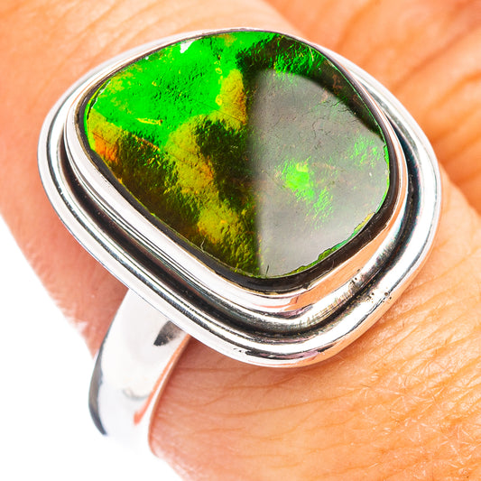 Sterling silver ammolite ring with teardrop green gemstone, size 9