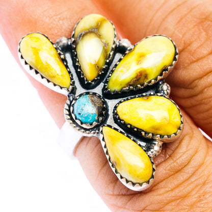 Sterling silver ring with yellow teardrop stones and small blue turquoise centerpiece