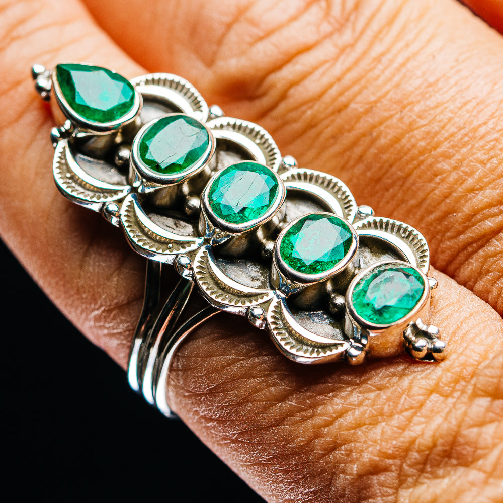 Exclusive 5-Gemstone Faceted Zambian Emerald Ring Size 9 (.925 Sterling Silver)