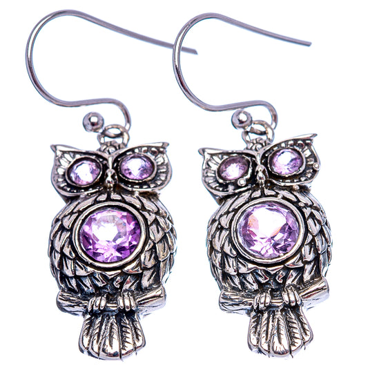 Pair of .925 sterling silver owl earrings with round purple amethyst stones