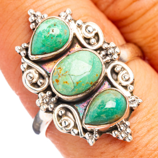 Turquoise cabochon adjustable sterling silver ring, three oval stones on ornate band