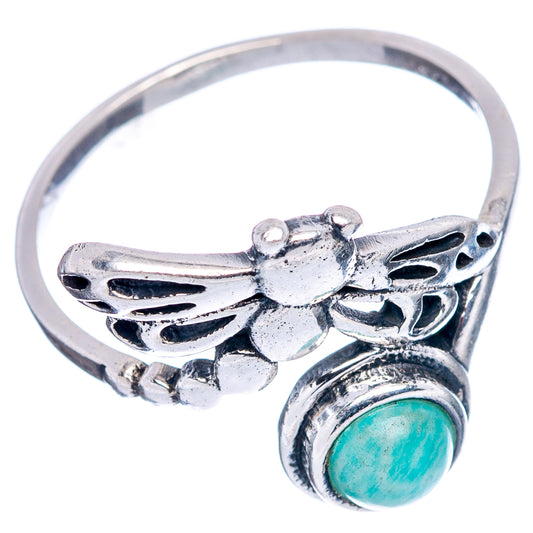 Sterling silver dragonfly ring with teal amazonite round stone and curled filigree band