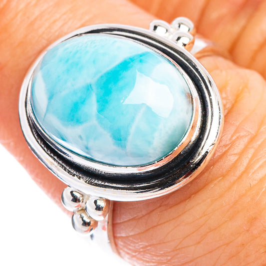 Sterling silver larimar ring, round turquoise stone with black bezel edge, size 8