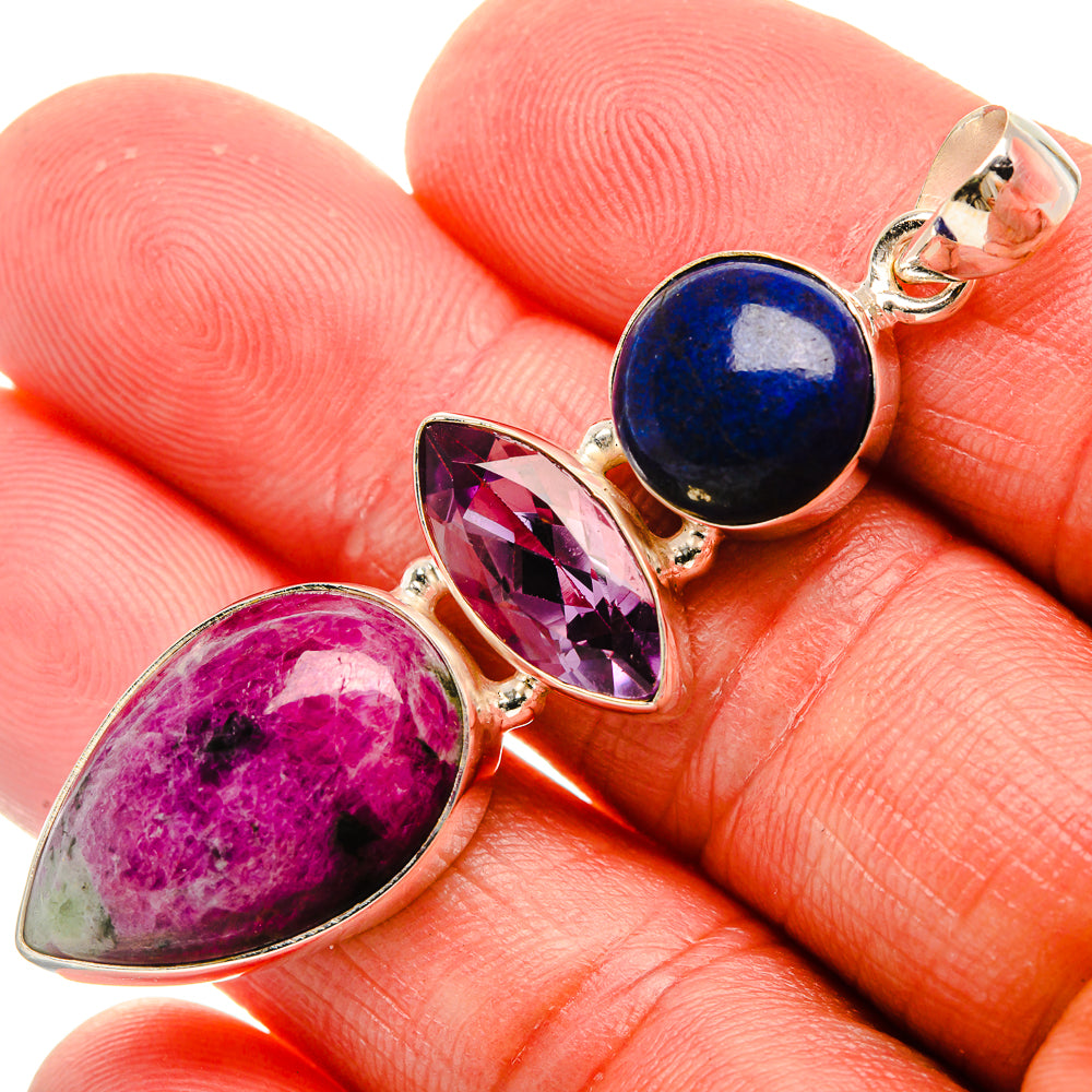 Silver pendant with round blue lapis, amethyst marquise, and oval pink-green gemstone