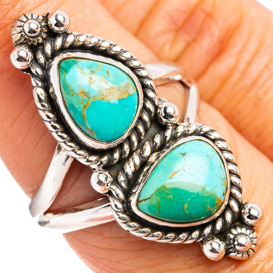 Native Style Mohave turquoise ring with two teardrop stones on .925 silver