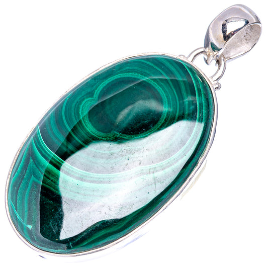 Oval malachite pendant with green banded stone and .925 sterling silver bail