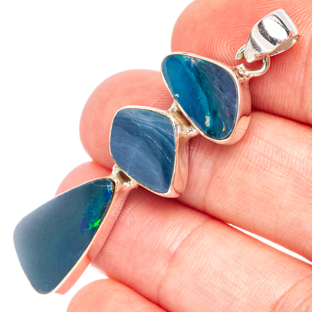 925 sterling silver opal doublet pendant with three blue teardrop stones