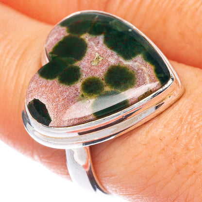 Sterling silver heart ring with ocean jasper cabochon, green spots on pink base