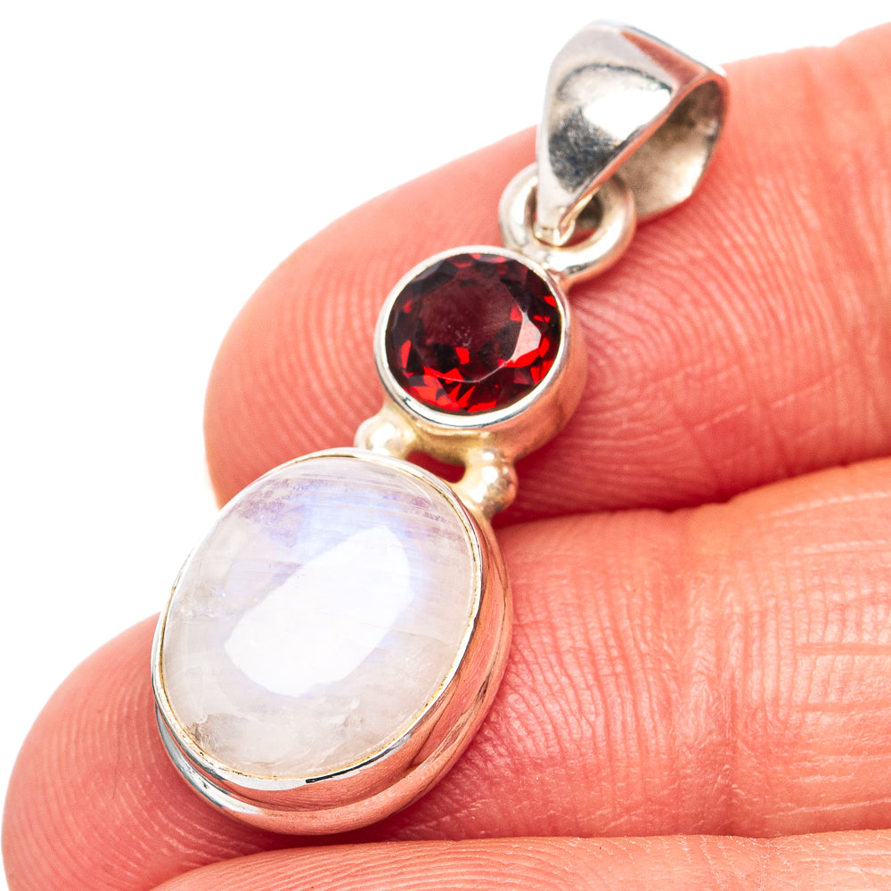 Rainbow Moonstone, Garnet Pendant 1 1/4" (.925 Sterling Silver)