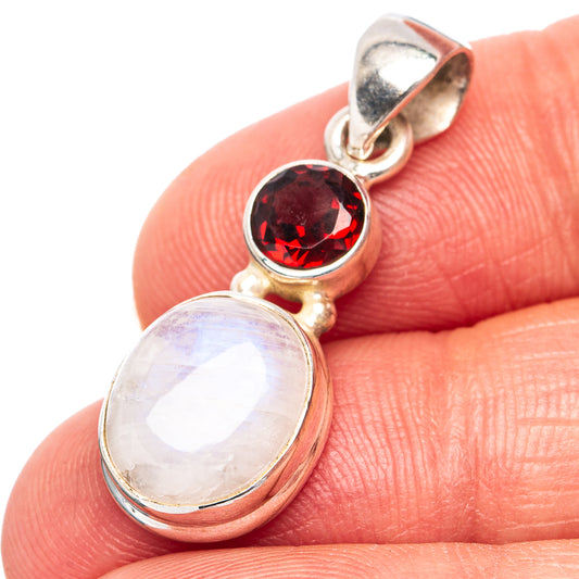 Rainbow Moonstone, Garnet Pendant 1 1/4" (.925 Sterling Silver)