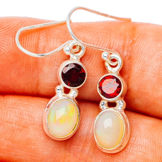 Ethiopian Opal, Garnet Earrings 1 1/4" (.925 Sterling Silver)
