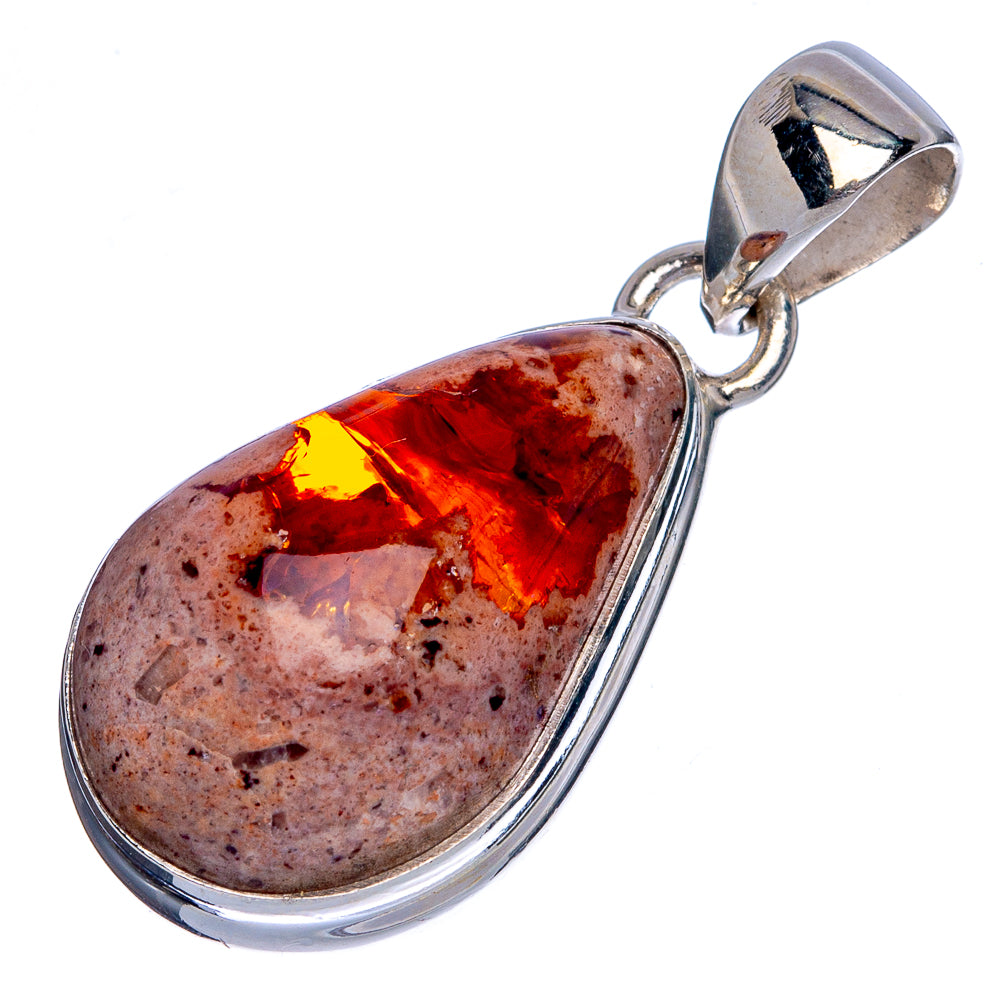 Sterling silver teardrop fire opal pendant with red and yellow gemstone flashes and loop bail.