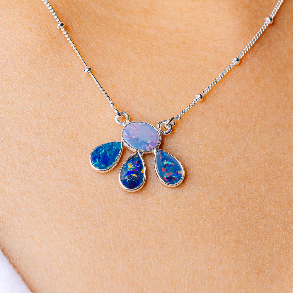 925 sterling silver opal doublet pendant necklace with blue teardrop and center stone