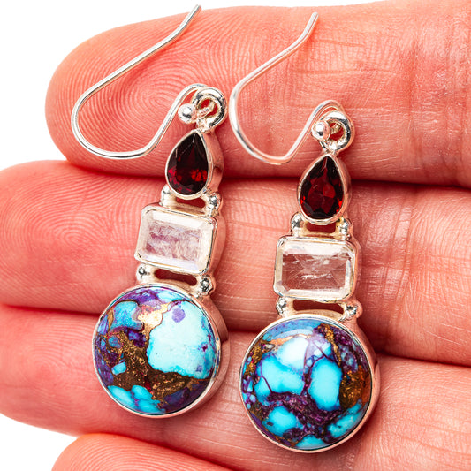 Sterling silver drop earrings with red teardrop, square stone, and round blue/purple turquoise