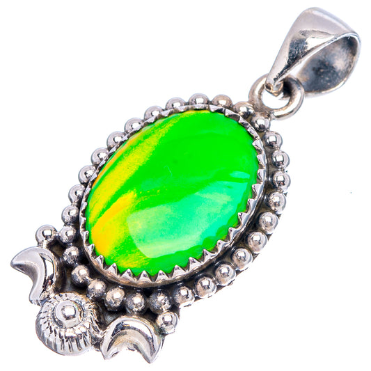 Sterling silver opal pendant with bright green oval cabochon and decorative beaded border