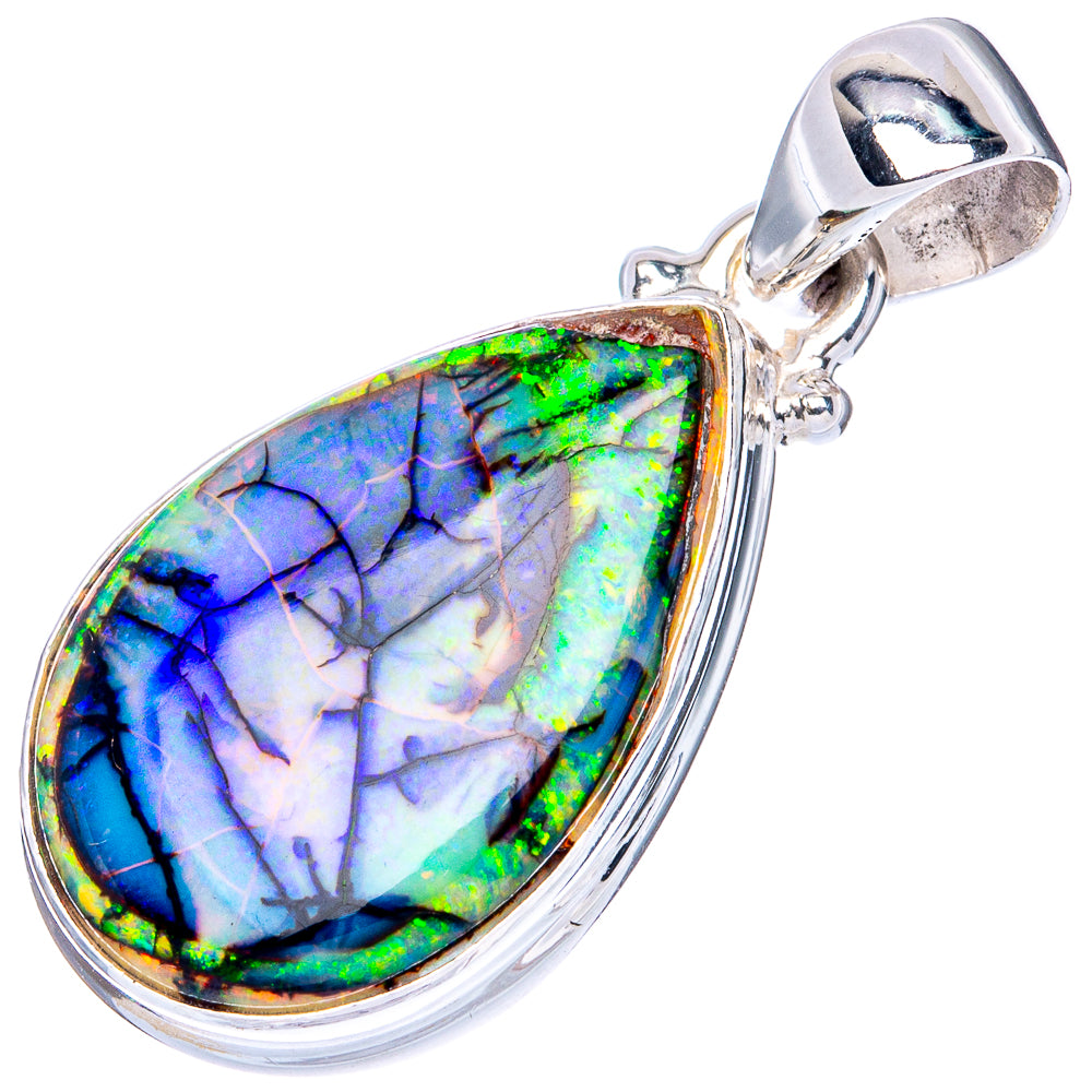 Sterling silver teardrop opal pendant, multicolor iridescent stone in raised bezel