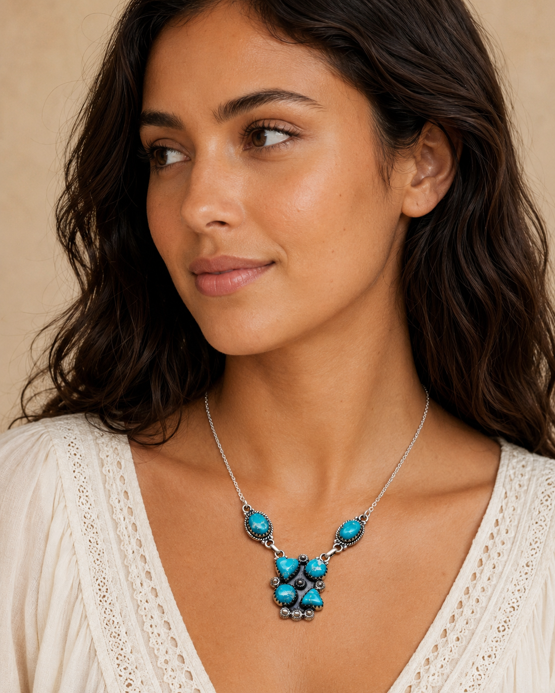 Southwestern Style White Water Turquoise Necklace 17 to 18" (.925 Sterling Silver)