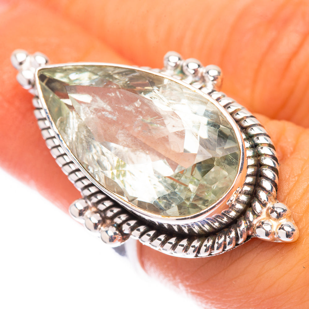Sterling silver ring with large green amethyst teardrop stone and beaded bezel