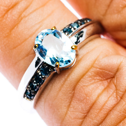 Blue Topaz, Blue Diamond Ring Size 6.5 (.925 Sterling Silver)
