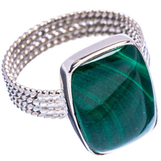 Square bezel dark green malachite cabochon sterling silver ring, ridged band