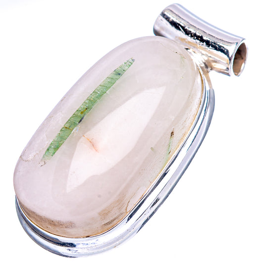 Oval quartz pendant with green tourmaline stripe and polished .925 sterling silver bail