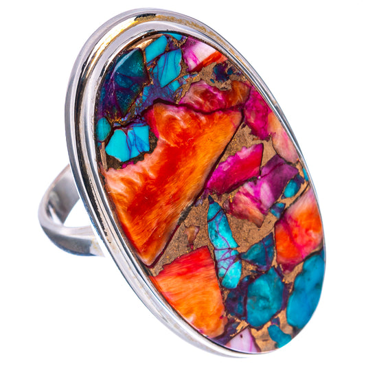Oval sterling silver ring with turquoise, pink, and orange marbled stone inlay, open band