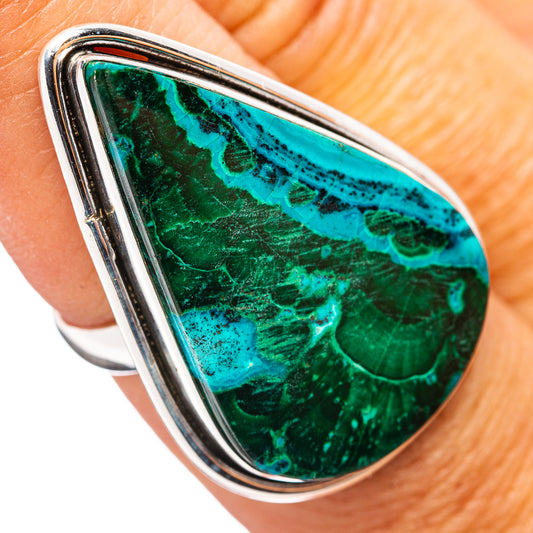 Sterling silver ring with teardrop azurite-malachite stone, size 7, green-blue pattern
