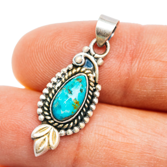 Turquoise teardrop pendant in .925 sterling silver with beaded edge and leaf charm